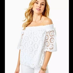 Lilly Pulitzer Raylee Top White Eyelet Boho Off Shoulder Beachy Size Medium